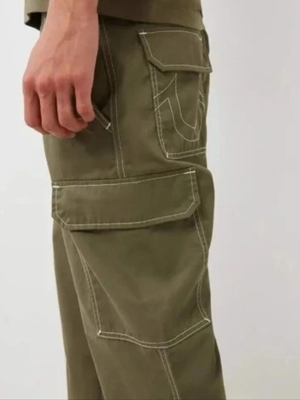 True Religion Ripstop Cargo Pants Kalamata Green White Stitch Men Sz 36
